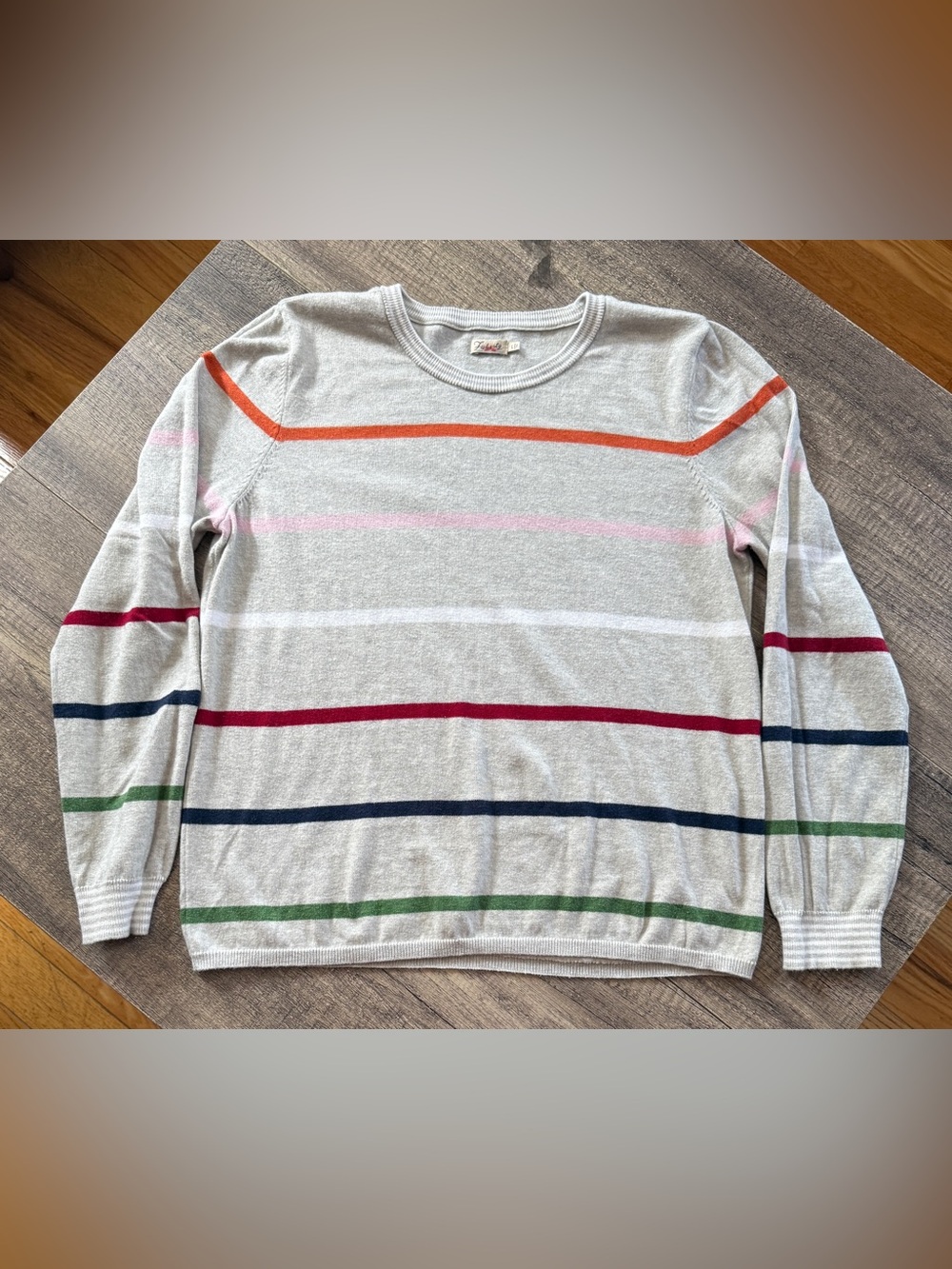 Faherty Surf Sweater, light gray with multicolor stripes. Large.